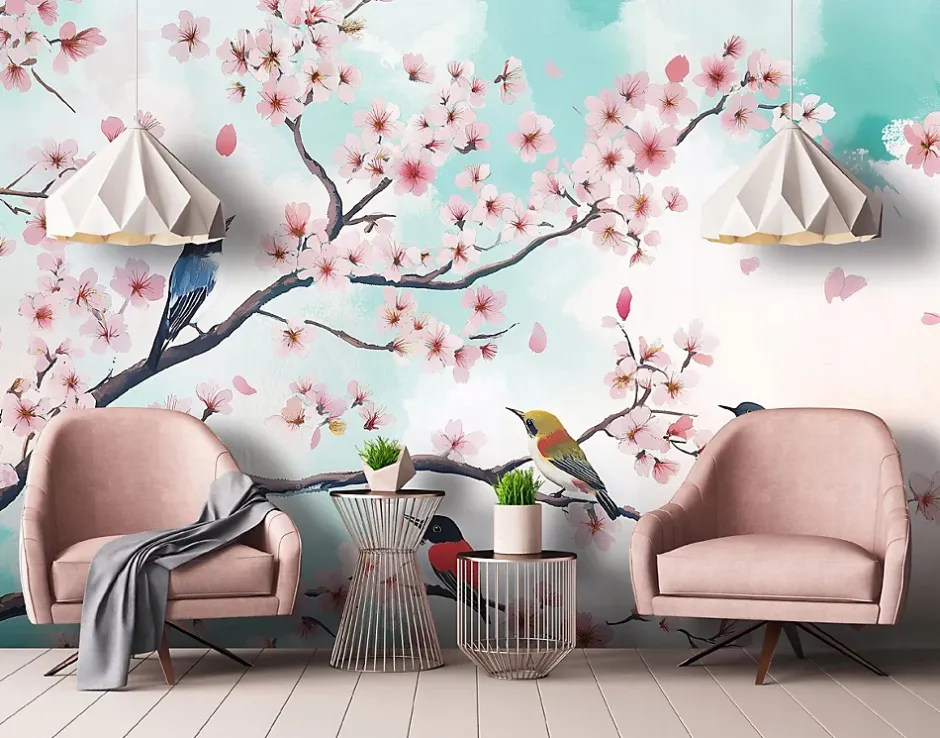 Papier Peint Photo Pour Chambre Oiseaux Fleurs Brindilles 350x250 cm-Wallarena Clearance