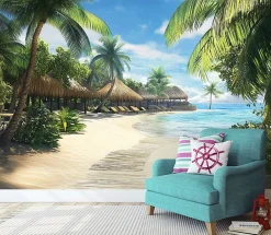 Papier Peint Plage Mer 3D Intissé Panoramique Pour Chambre Cuisine 350x250-Wallarena Hot