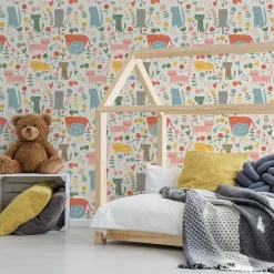 Muralo Papier Peint Pour Chambre D'Enfant CHATS Animaux Colorés Plantes Conte De Fées