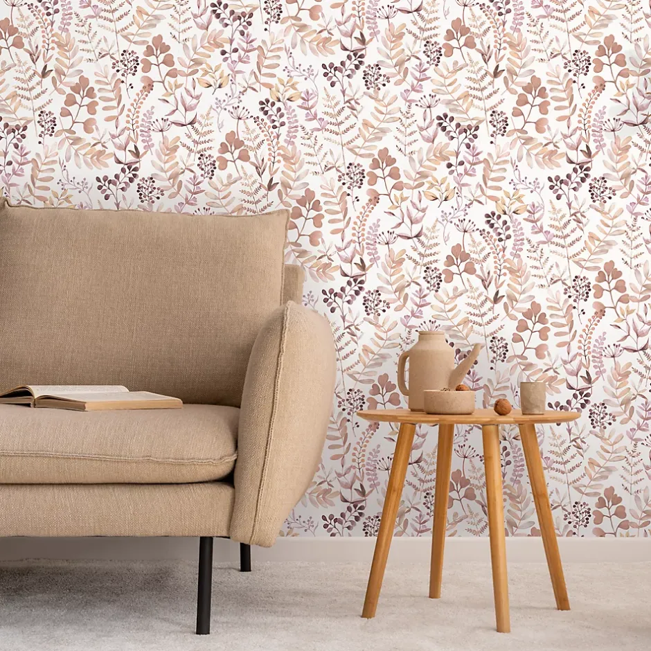 GoodHome Papier peint pré-encollé vinyle intissé botanique Easy Roll Olivia rose l.53 x H.1005 cm