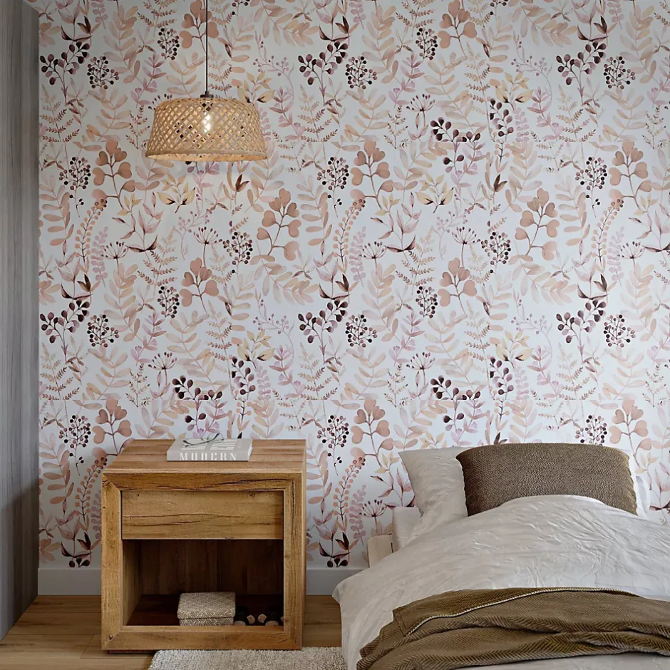 GoodHome Papier peint pré-encollé vinyle intissé botanique Easy Roll Olivia rose l.53 x H.1005 cm