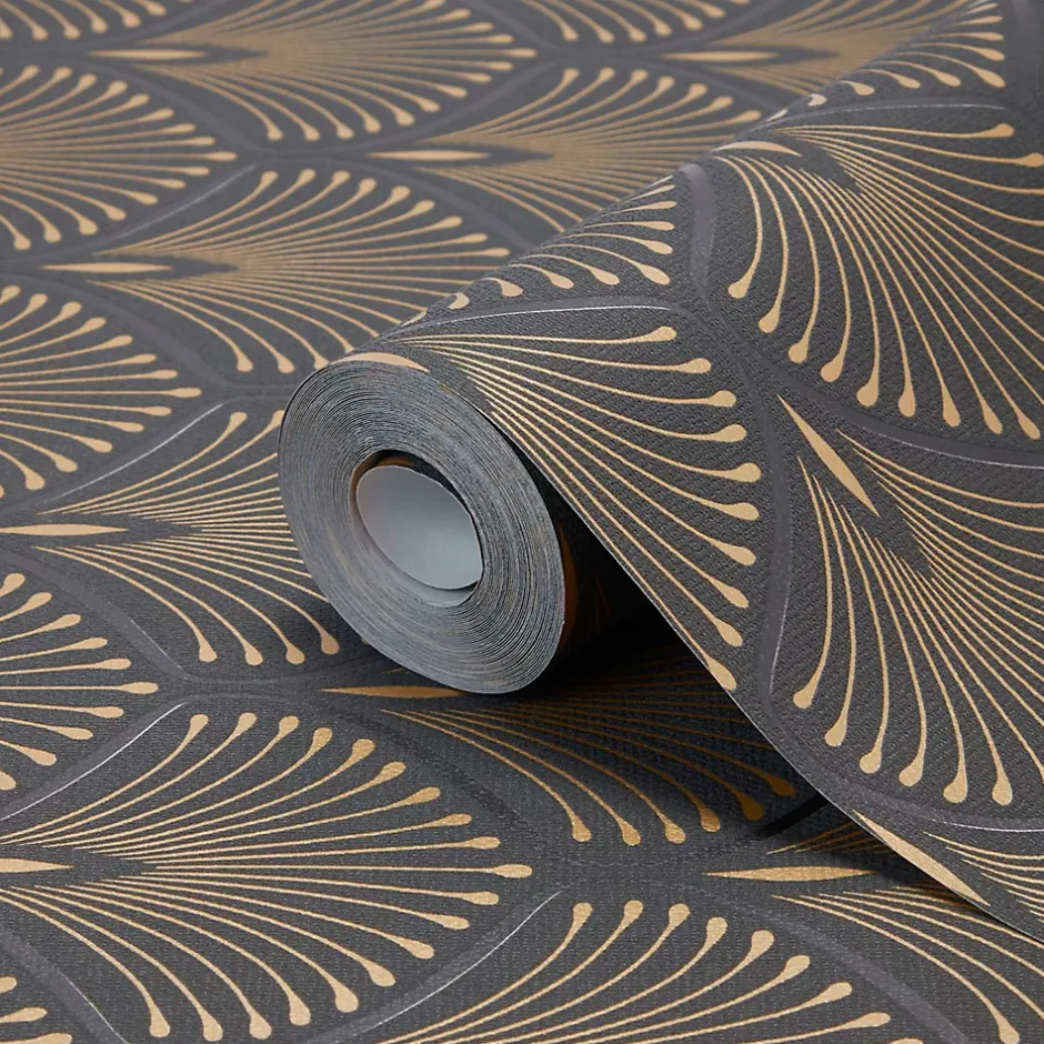 Papier peint vinyl sur intissé echium noir et or-GoodHome Discount