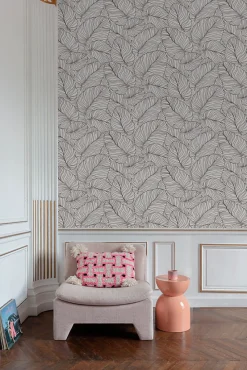 Grandeco Papier peint vinyle expansé intissé feuilles de bananier Isa noir et blanc L.1005 x l.53 cm