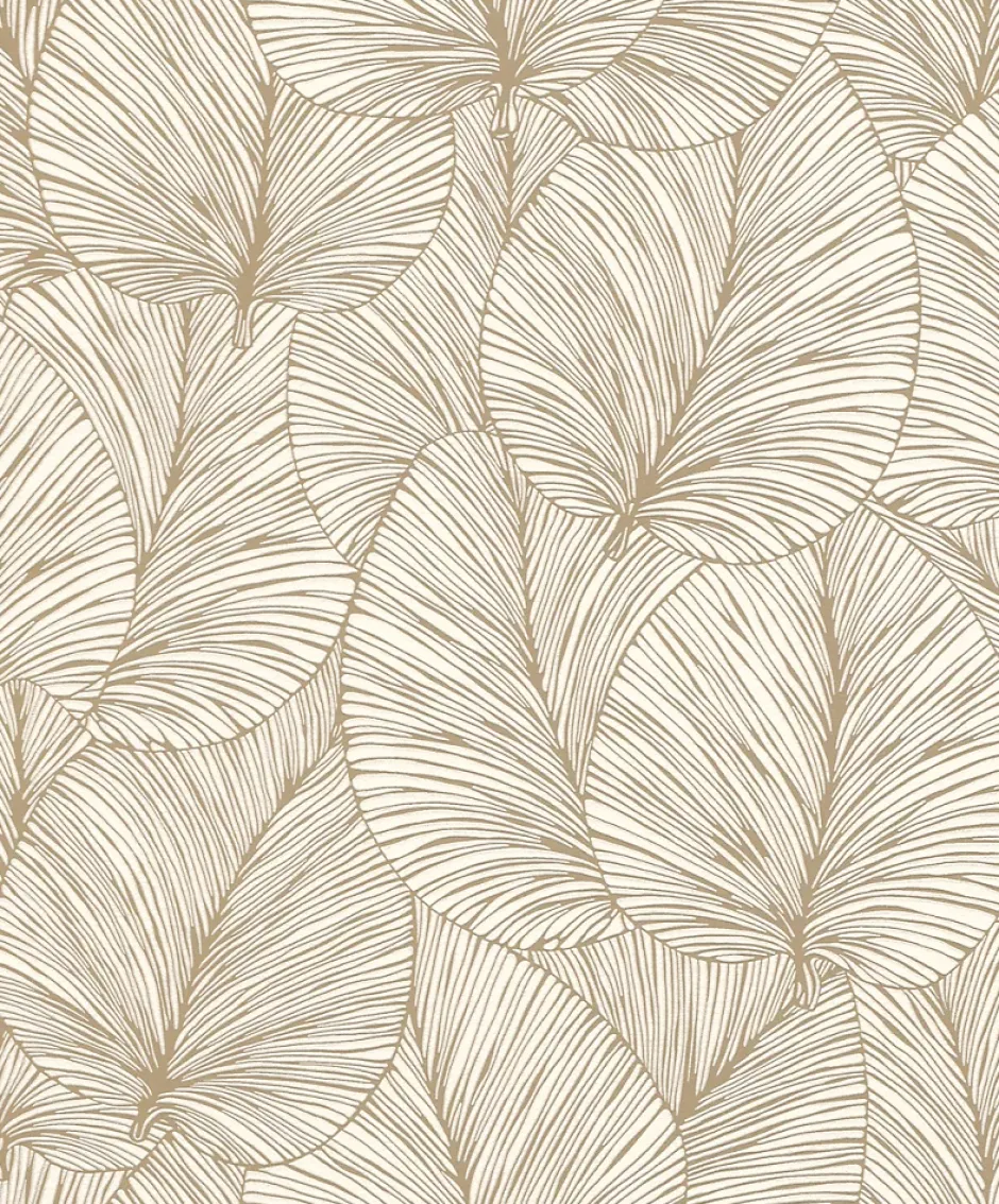 Rasch Papier peint vinyle grainé intissé feuilles de lotus beige crème et or L.1005 x l.53cm