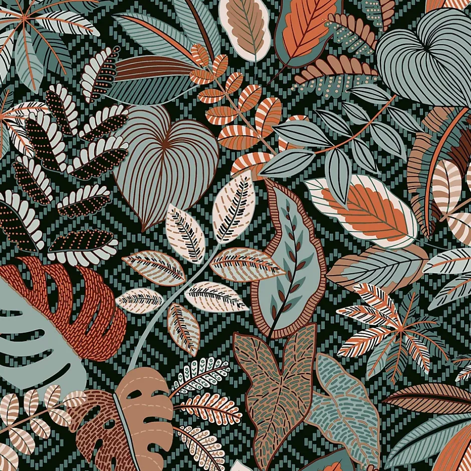 Lutece Papier peint vinyle intissé Sejours & Chambres mat et satiné feuilles vert, bleu vert, orange, cuivre l.1005 x l.53 cm