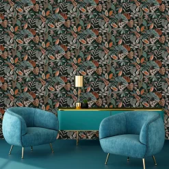 Lutece Papier peint vinyle intissé Sejours & Chambres mat et satiné feuilles vert, bleu vert, orange, cuivre l.1005 x l.53 cm