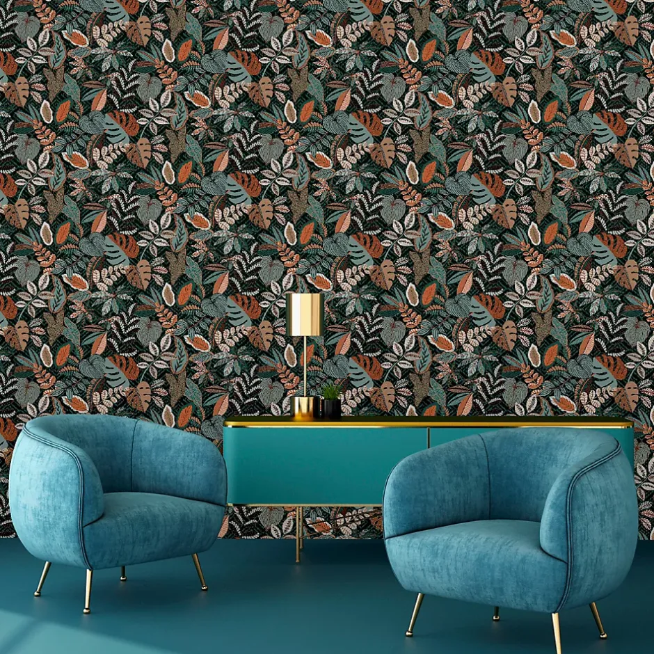Lutece Papier peint vinyle intissé Sejours & Chambres mat et satiné feuilles vert, bleu vert, orange, cuivre l.1005 x l.53 cm