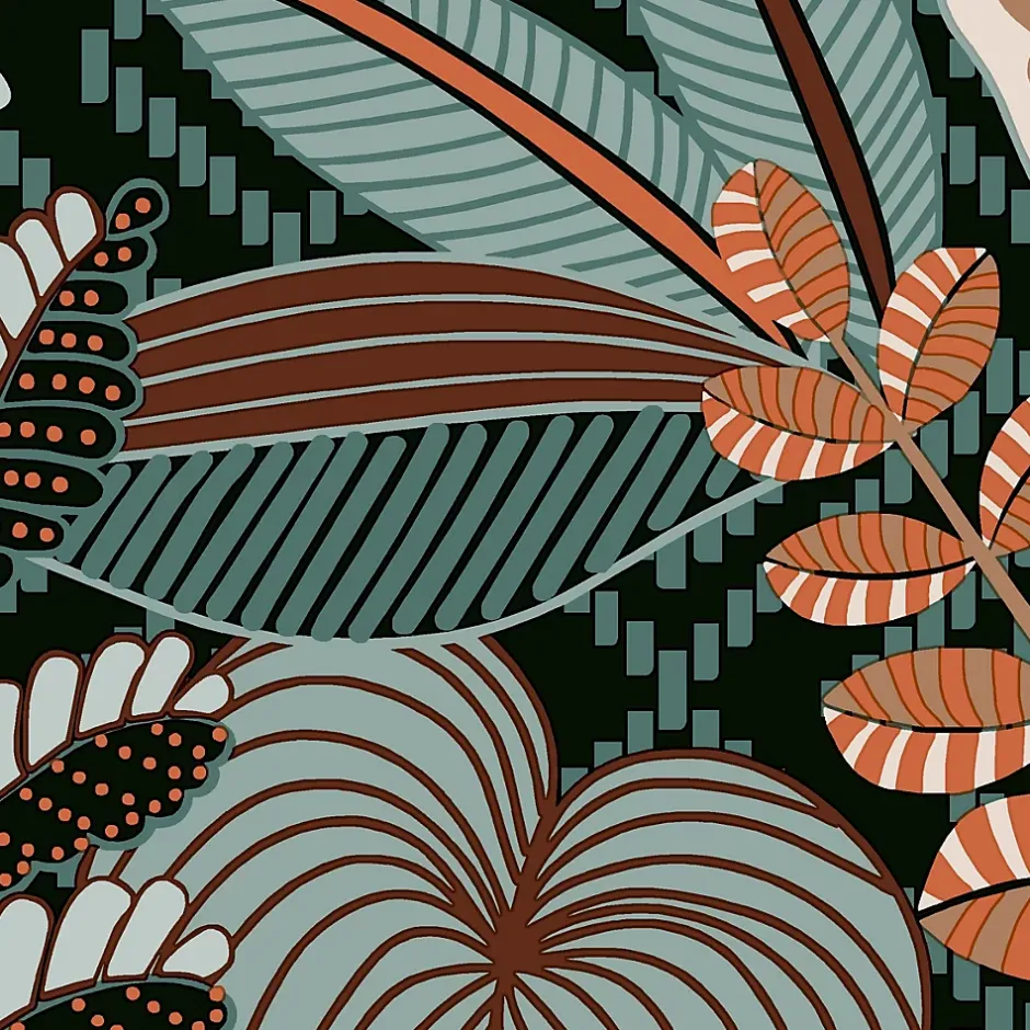 Lutece Papier peint vinyle intissé Sejours & Chambres mat et satiné feuilles vert, bleu vert, orange, cuivre l.1005 x l.53 cm