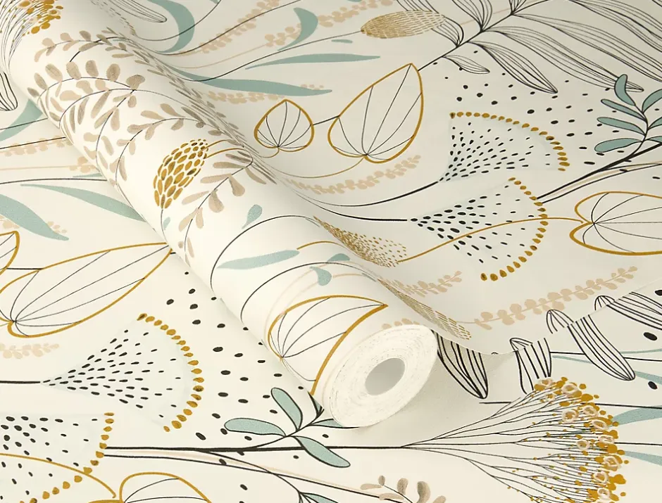 Rasch Papier peint vinyle intissé fleuri bleu, jaune ocre L.1001 x l.53cm , Angélique