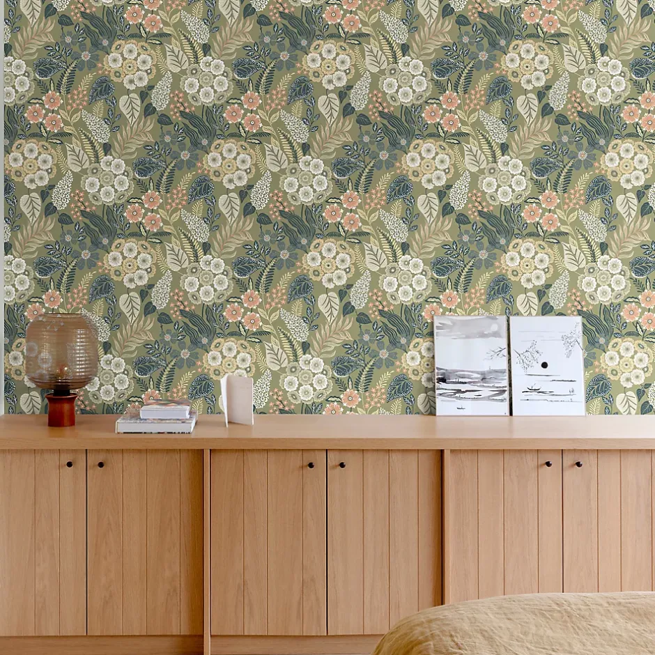 Papier peint vinyle intissé fleuri Alice vert kaki L.1005 x l.53cm-Grandeco Hot