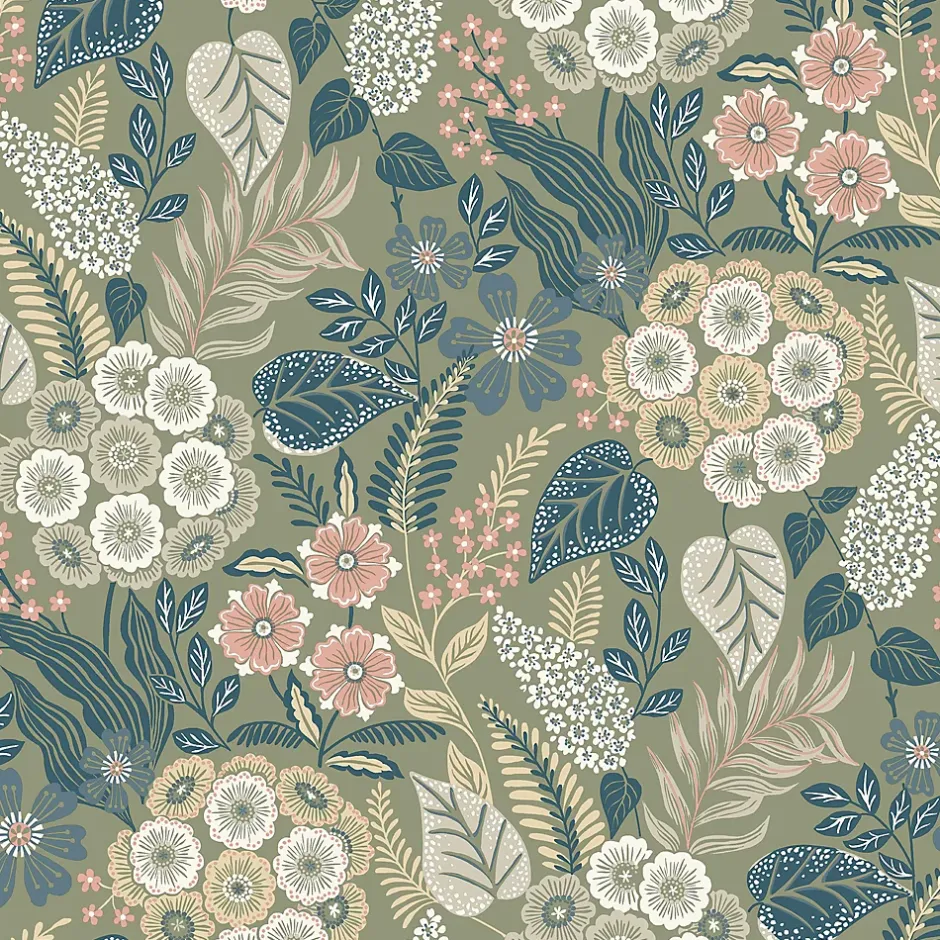 Papier peint vinyle intissé fleuri Alice vert kaki L.1005 x l.53cm-Grandeco Hot