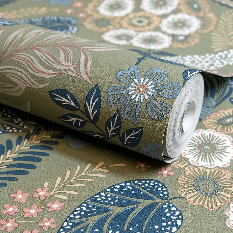 Papier peint vinyle intissé fleuri Alice vert kaki L.1005 x l.53cm-Grandeco Hot