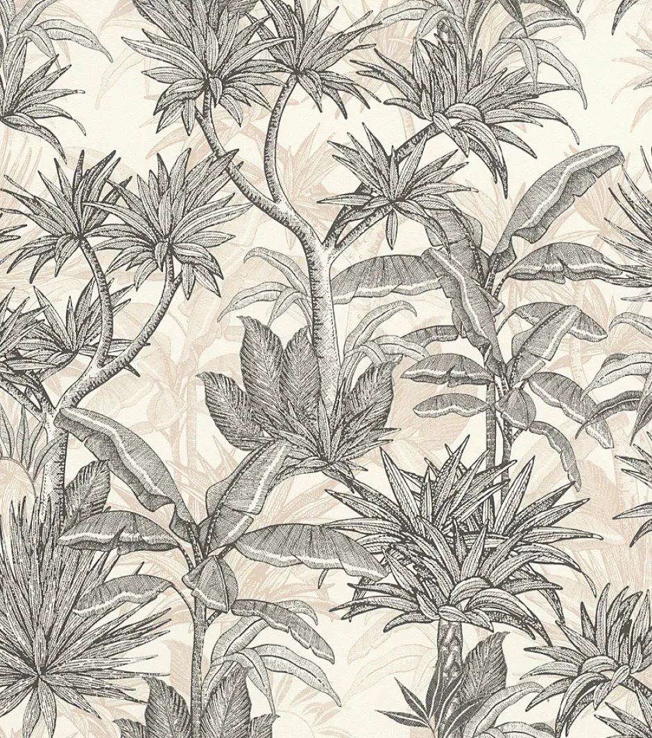 Rasch Papier peint vinyle intissé feuillage tropical noir, doré L.1001 x l.53cm
