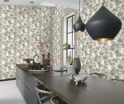 Rasch Papier peint vinyle intissé feuillage tropical noir, doré L.1001 x l.53cm