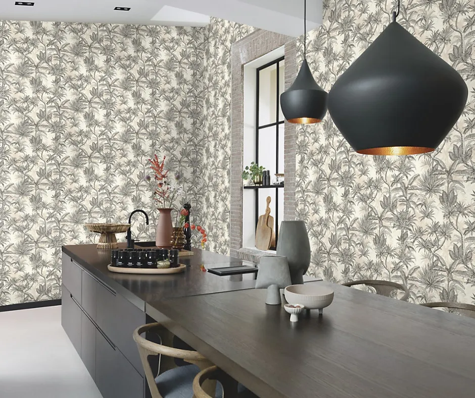 Rasch Papier peint vinyle intissé feuillage tropical noir, doré L.1001 x l.53cm