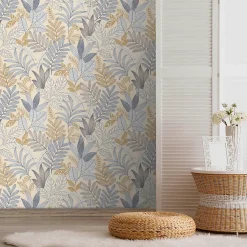 Papier peint vinyle intissé Allure mat et satiné feuilles beige, bleu, or, jaune l.1005 x l.53 cm-Lutece Outlet