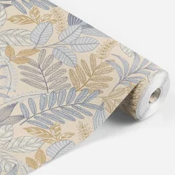 Papier peint vinyle intissé Allure mat et satiné feuilles beige, bleu, or, jaune l.1005 x l.53 cm-Lutece Outlet