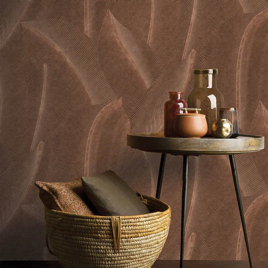 Lutece Papier peint vinyle intissé Allure mat et satiné effet Cuivre feuilles marron, rouille l.1005 x l.53 cm