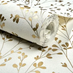 Papier peint vinyle intissé feuillage Omura doré, blanc L.1005 x l.53cm-Grandeco Best