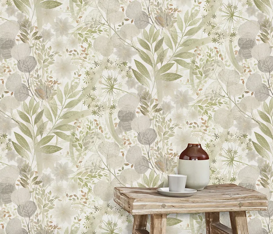 Papier peint vinyle intissé végétal vert L.1005 x l.53cm, Secret grove-Erismann Outlet