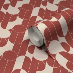 GoodHome Papier peint vinyle intissé rond géométrique terracotta et blanc L.10m x l.53cm