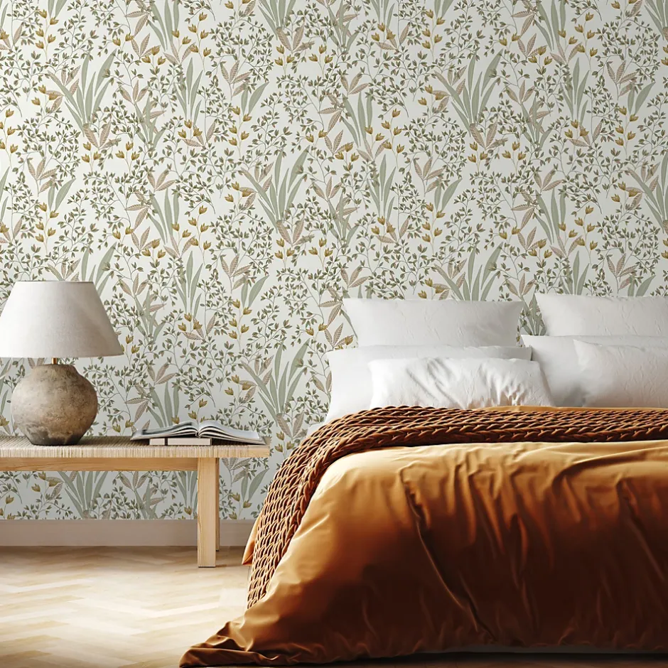 Papier peint vinyle intissé fleuri vert et beige L.1005 x l.53cm, Lutèce Floris-Lutece