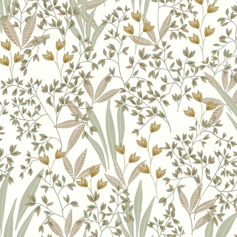 Papier peint vinyle intissé fleuri vert et beige L.1005 x l.53cm, Lutèce Floris-Lutece