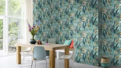 Papier peint vinyle intissé feuillage tropical bleu L.1001 x l.53cm , Amazonia-Rasch Outlet