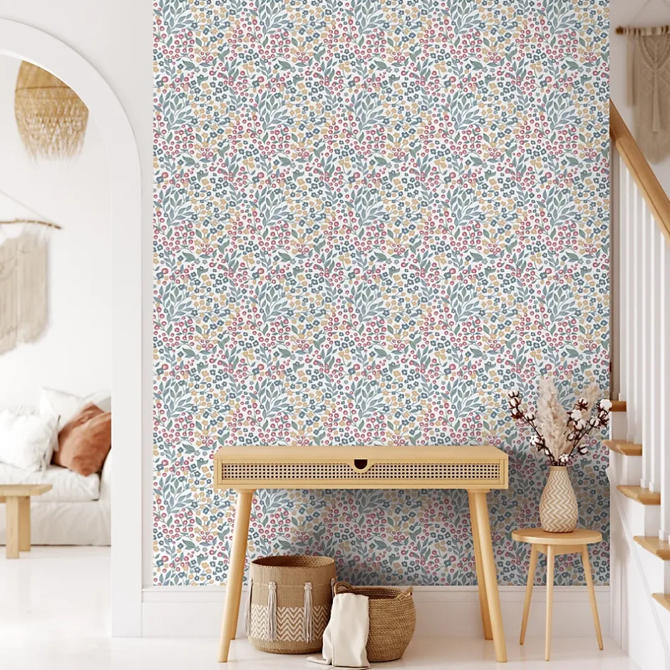 Ugepa Papier peint vinyle intissé fleuri liberty Mini darla rose, vert, jaune L.1005 x l.53cm