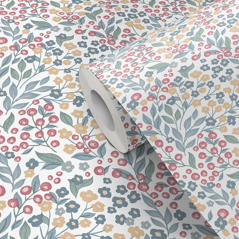 Ugepa Papier peint vinyle intissé fleuri liberty Mini darla rose, vert, jaune L.1005 x l.53cm