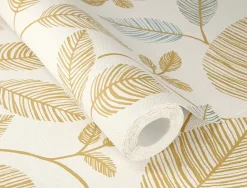 Papier peint vinyle intissé feuillage marron, bleu L.1001 x l.53cm , Colette-Rasch Outlet