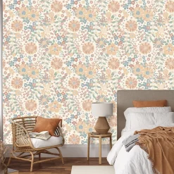 Ugepa Papier peint vinyle intissé fleuri petites fleurs vert, orange L. 1005 x l. 53cm