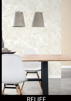 Papier peint vinyle intissé expansé feuillage beige L.1005 x l.53cm, Jungle sertie-Rasch Hot