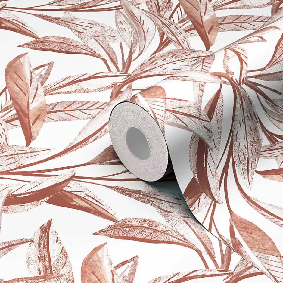 GoodHome Papier peint vinyle intissé Cicillo feuillage terracotta L.1000 x l.53cm
