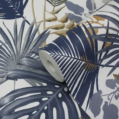 GoodHome Papier peint vinyle sur intissé Ferula bleu