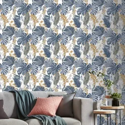 GoodHome Papier peint vinyle sur intissé Ferula bleu