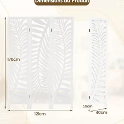 Giantex Paravent Interieur 121 x 170 cm, Motifs Feuille, Separateur de Pieces pour Chambre à Coucher, Balcon, Blanc
