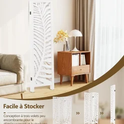Giantex Paravent Interieur 121 x 170 cm, Motifs Feuille, Separateur de Pieces pour Chambre à Coucher, Balcon, Blanc