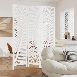 Giantex Paravent Interieur 121 x 170 cm, Motifs Feuille, Separateur de Pieces pour Chambre à Coucher, Balcon, Blanc