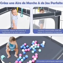 Parc Bébé 10 Mois à 6 Ans Parc Bebe en maille avec Balles et 4 Anneaux Centre activités de Parc Enfant Gris Foncé-Giantex Discount
