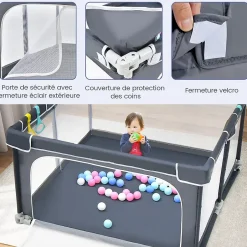 Parc Bébé 10 Mois à 6 Ans Parc Bebe en maille avec Balles et 4 Anneaux Centre activités de Parc Enfant Gris Foncé-Giantex Discount