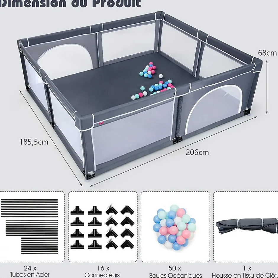 Giantex Parc Bébé 10 Mois à 6 Ans Parc Bebe en maille avec Balles et 4 Anneaux Centre activités de Parc Enfant Gris Fonce