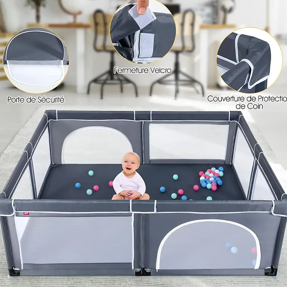 Giantex Parc Bébé 10 Mois à 6 Ans Parc Bebe en maille avec Balles et 4 Anneaux Centre activités de Parc Enfant Gris Fonce