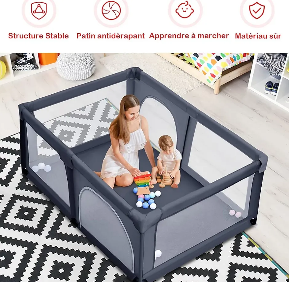 Giantex Parc Bébé 10 Mois à 6 Ans Parc Bebe en maille avec Balles et 4 Anneaux Centre activités de Parc Enfant Bleu