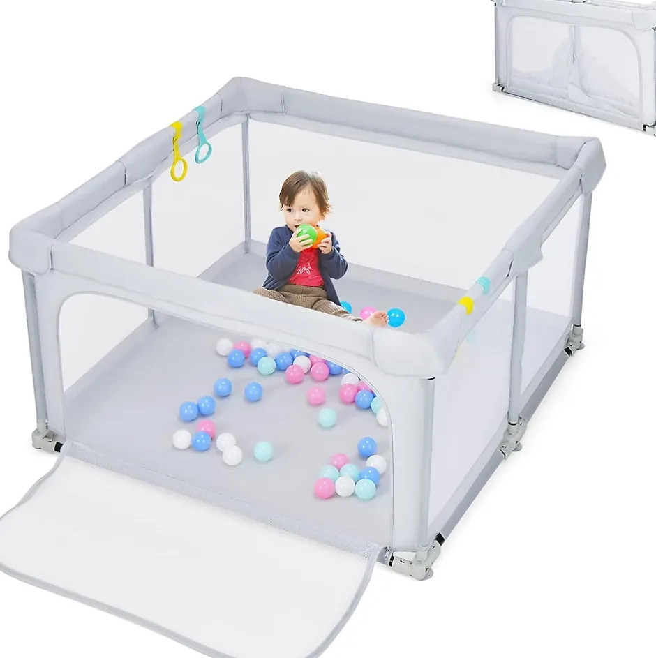 Giantex Parc Bébé 10 Mois à 6 Ans Parc Bebe en maille avec Balles et 4 Anneaux Centre activités de Parc Enfant Gris