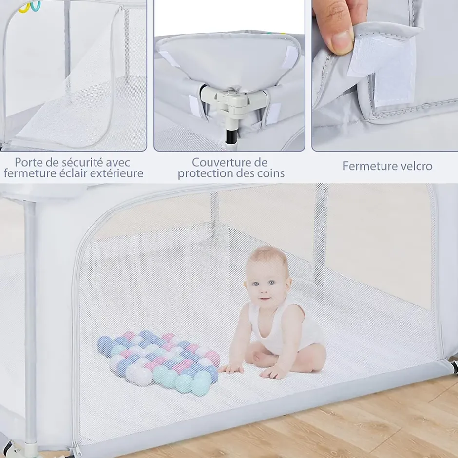 Giantex Parc Bébé 10 Mois à 6 Ans Parc Bebe en maille avec Balles et 4 Anneaux Centre activités de Parc Enfant Gris