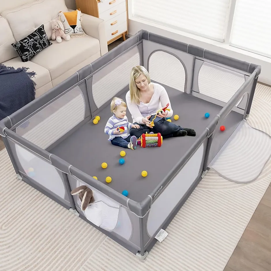 Giantex Parc Bébé avec 50 Boules Océaniques et Grande Porte à Fermeture Éclair, Sac Portable, Aire de Jeu 206 x 147 x 68,5CM, Gris