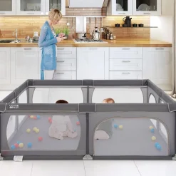 Giantex Parc Bébé avec 50 Boules Océaniques et Grande Porte à Fermeture Éclair, Sac Portable, Aire de Jeu 206 x 147 x 68,5CM, Gris