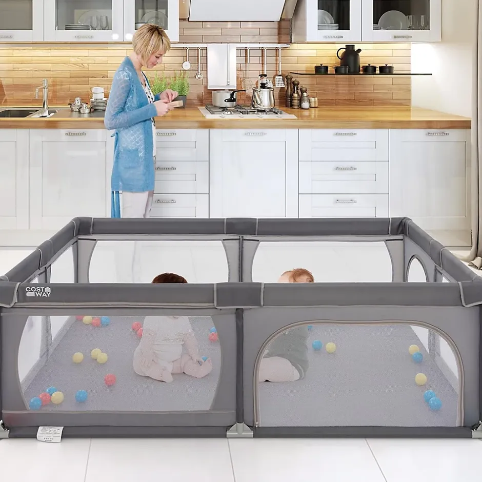 Giantex Parc Bébé avec 50 Boules Océaniques et Grande Porte à Fermeture Éclair, Sac Portable, Aire de Jeu 206 x 147 x 68,5CM, Gris