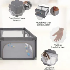 Giantex Parc Bébé avec 50 Boules Océaniques et Grande Porte à Fermeture Éclair, Sac Portable, Aire de Jeu 206 x 147 x 68,5CM, Gris